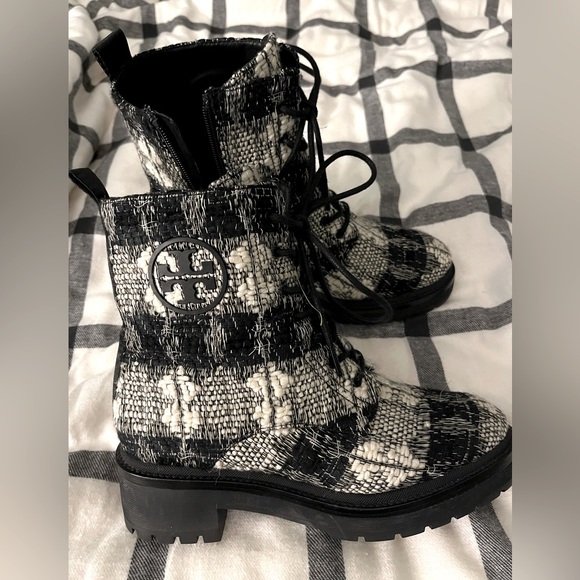 Tory Burch Shoes - Tory Burch Plaid Ankle Booties - Black and Cream